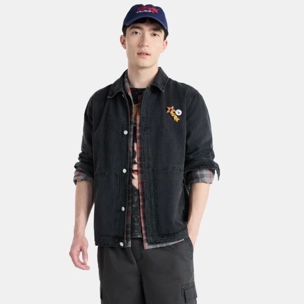 No Boundaries Stranger Things‎ Denim Shirt Jacket L Black Hellfire Club Pins NWT